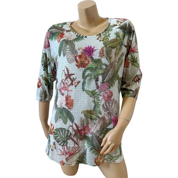 CJ BANKS Womens Plus Size X Embellished Rhinestone 3/4 Sleeve Tropical Shirt - Picture 1 of 7
